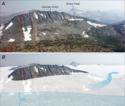 Diagram showing glaciated portions of mountains are smoother while the unglaciated peaks above are sharper