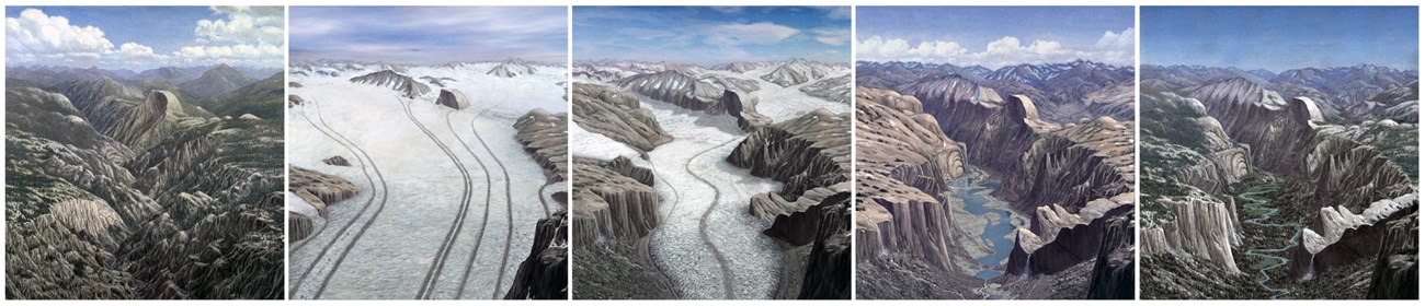 Series of illustrations of Yosemite Valley over time, showing a rugged shallow canyon, then that canyon filled by a glacier, then that canyon filled by a smaller glacier, then what looks like today's Yosemite Valley with a lake, then without a lake