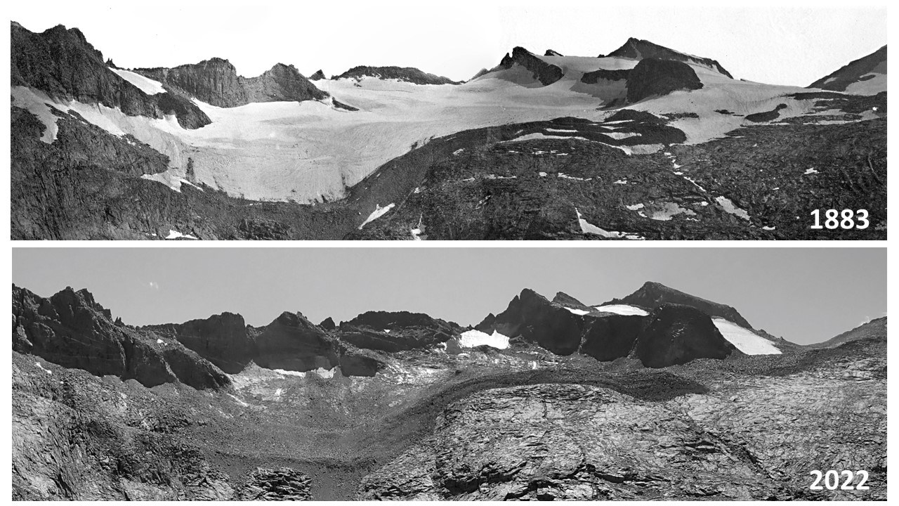 Two photos, with one showing peaks surrounded by a glacier while the other photo shows a nearly snow and ice-free view of the same peaks