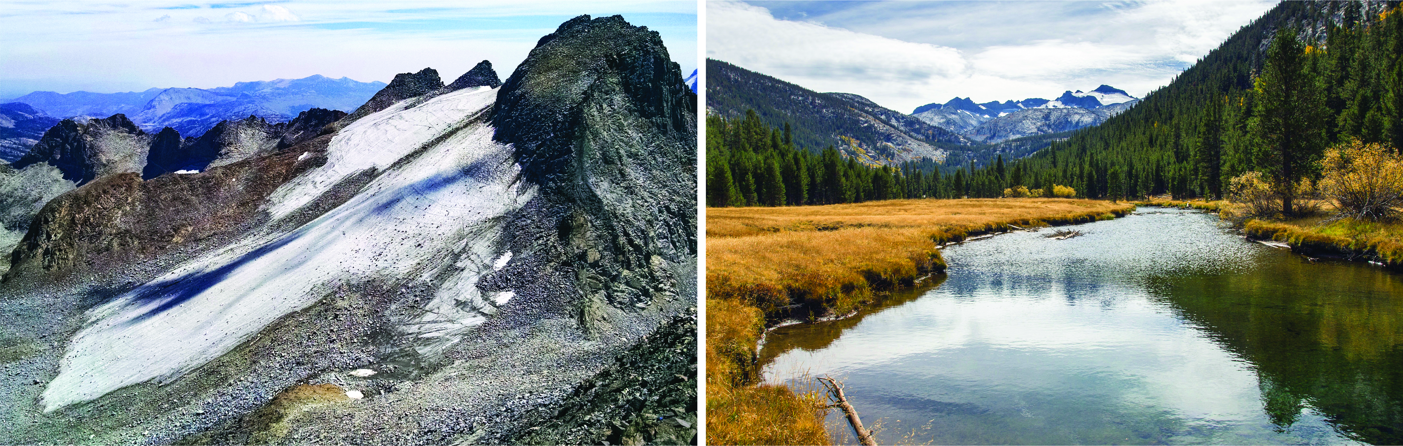 Two photos, one showing Mounts Lyell and Maclure in the distance and another showing the two glaciers close up.