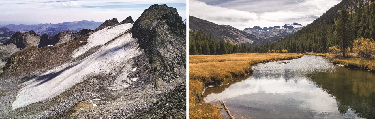 Two photos, one showing Mounts Lyell and Maclure in the distance and another showing the two glaciers close up.