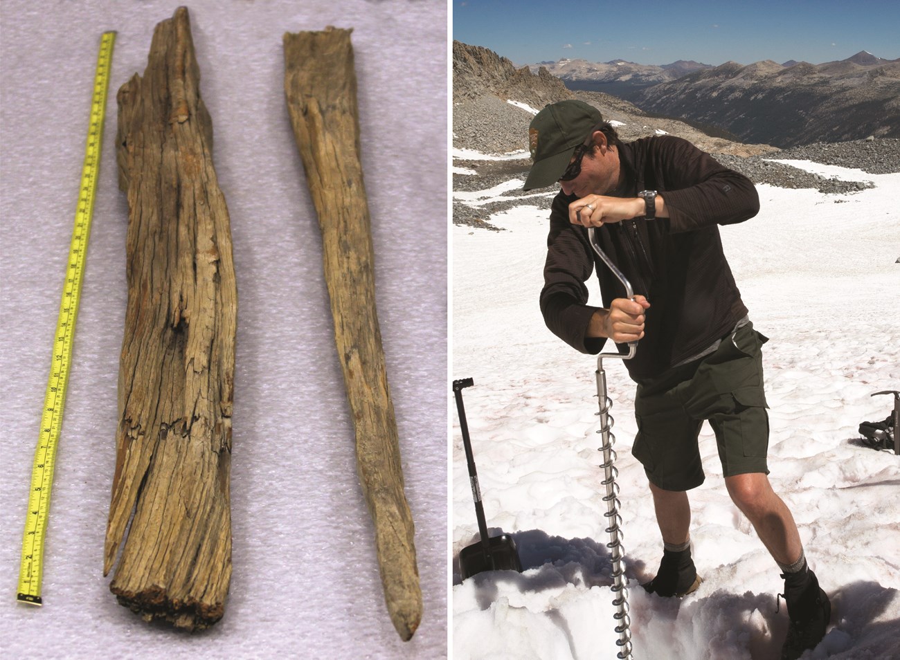 Two photos, one shows old wooden stakes, the other shows a man drilling a metal pole into a glacier