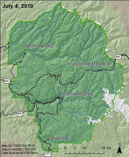 Yosemite boundary map with snow areas marked