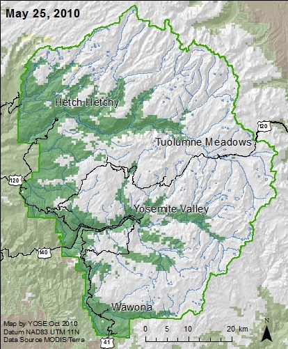 Yosemite boundary map with snow areas marked