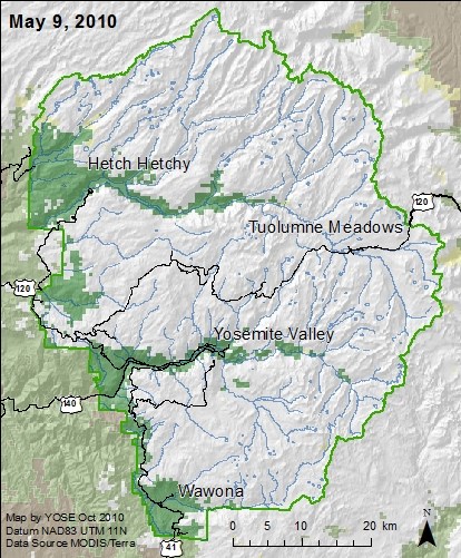 Yosemite boundary map with snow areas marked