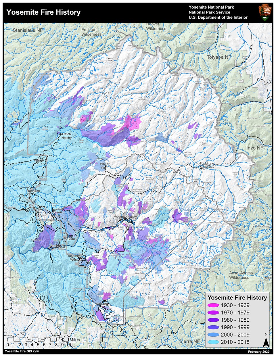 Map showing areas with fire over history between 1970 through 2019.