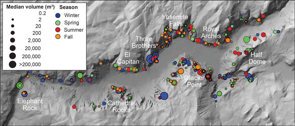 Map of Yosemite Valley showing rockfall locations and sizes, with most Map of Yosemite Valley showing rockfall locations and sizes, with most