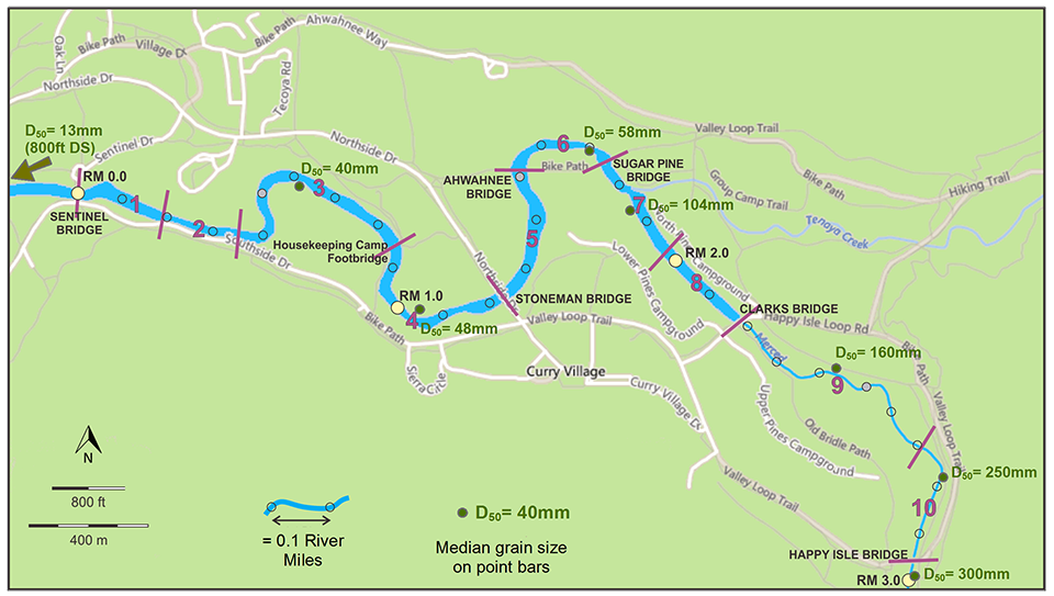 A Map showing distribution of bed sediment sizes through the project area.