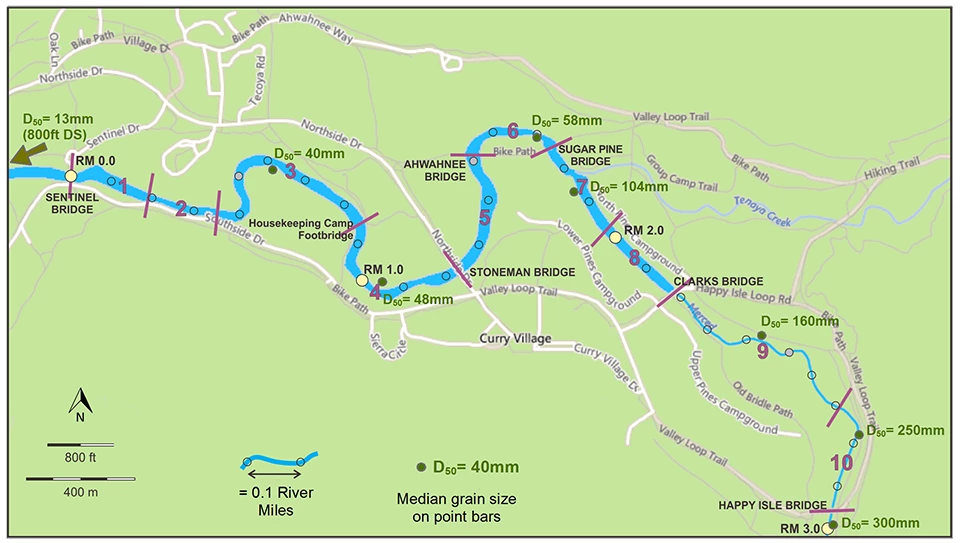 A Map showing distribution of bed sediment sizes through the project area. A Map showing distribution of bed sediment sizes through the project area.