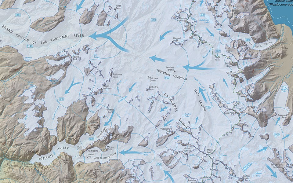 Partial map of Yosemite showing direction of glacial flow in and around Yosemite Valley