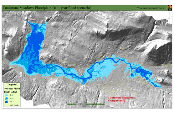 A map uses shades of blue to show where previous floods have occurred