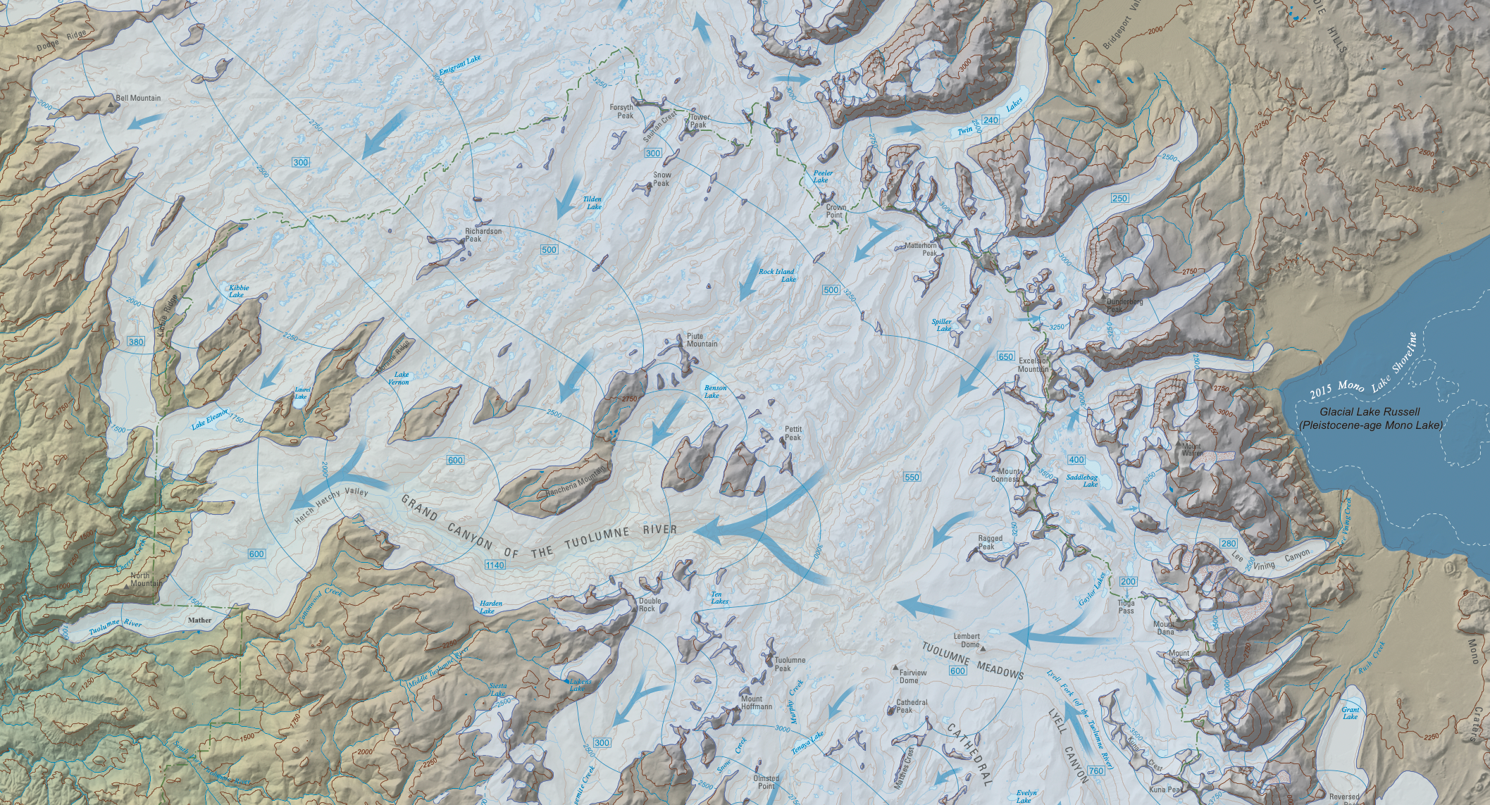 Partial map of Yosemite showing direction of glacial flow in and around Yosemite Valley