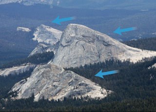 Granite domes, with arrows showing flow up the shallow sides of the domes and down the steep sides
