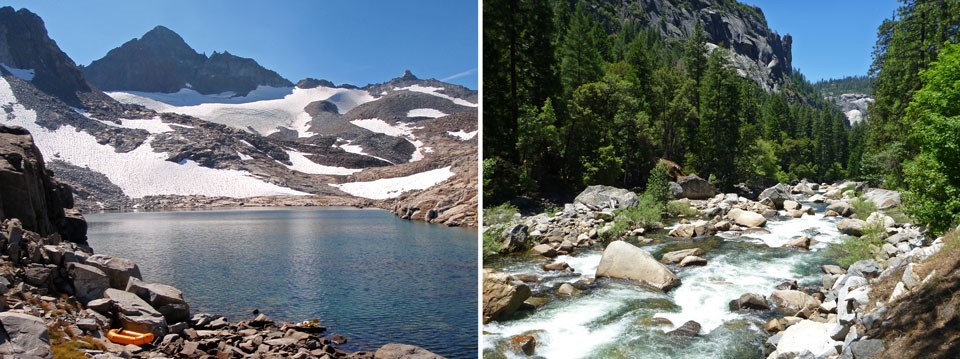 Photo on left shows a high-country glacial lake; photo on right shows a raging river