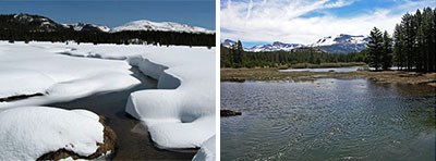 Photo on left shows flooding river; photo on right shows water flowing through snow