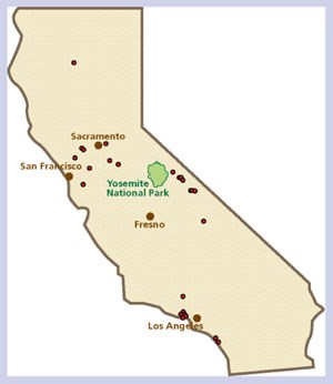 Map of State of California with dots representing mud snail infestations