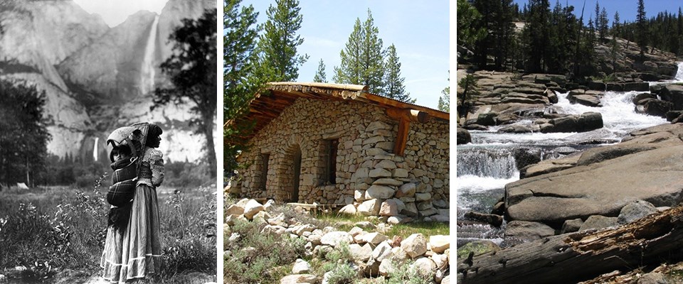 Photos showing Indian woman with basket, Parson's Lodge, and water flowing near Glen Aulin