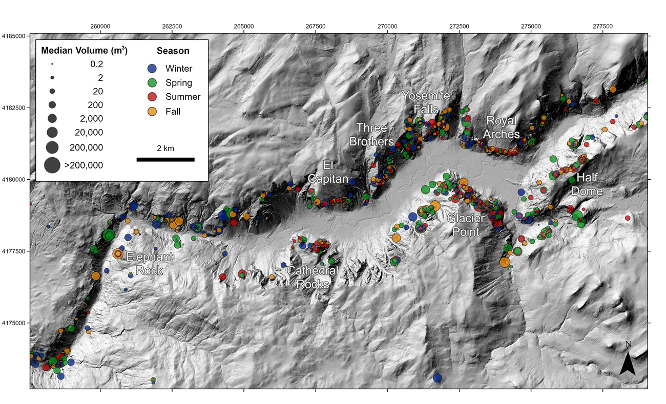 historical rockfalls map Map of Yosemite Valley showing rockfall locations and sizes, with most