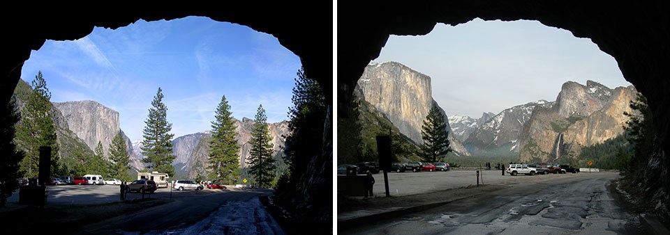 Two views of Tunnel View before and after scenic vista clearing