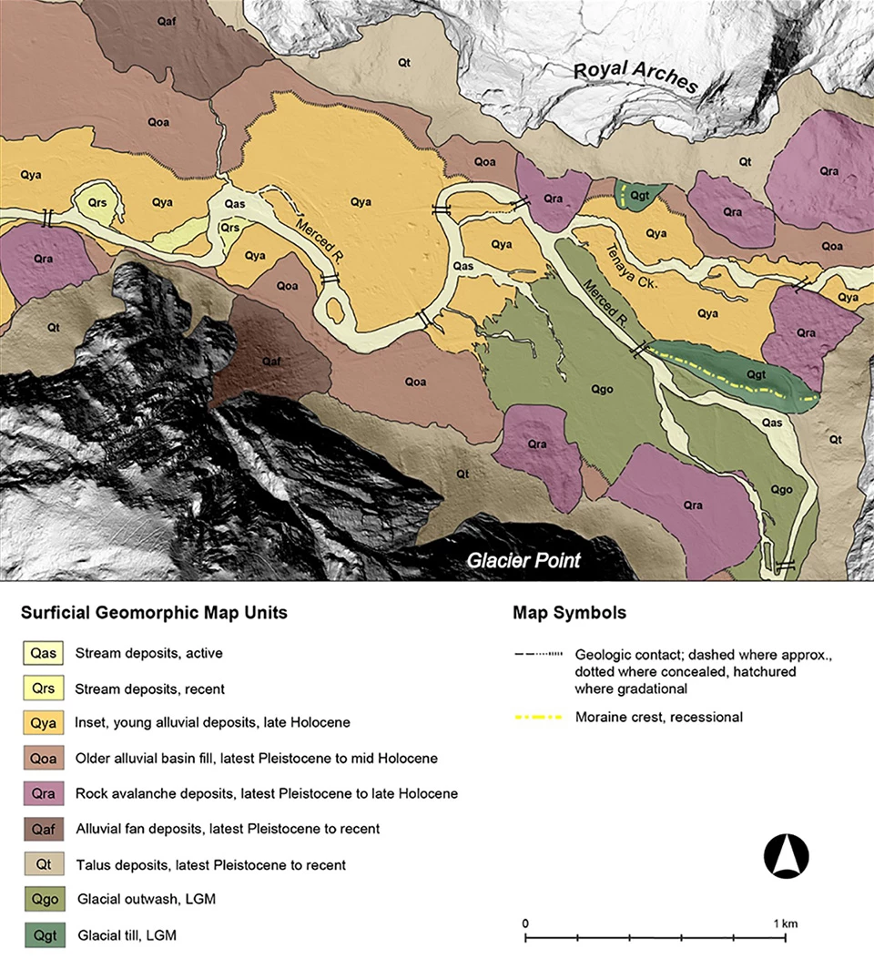 Map showing surficial geomorphic units by color and key in part of Yosemite Valley. Map showing surficial geomorphic units by color and key in part of Yosemite Valley.