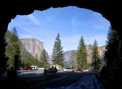 Tunnel View prior to 2008 rehabilitation project, showing more trees blocking view