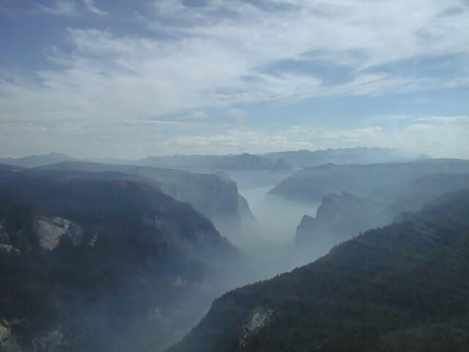 Smoke sitting in Yosemite Valley showing how the inversion layer can get during fires and campfires
