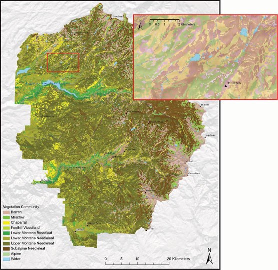 Colored regions of Yosemite map show 10 vegetation communities