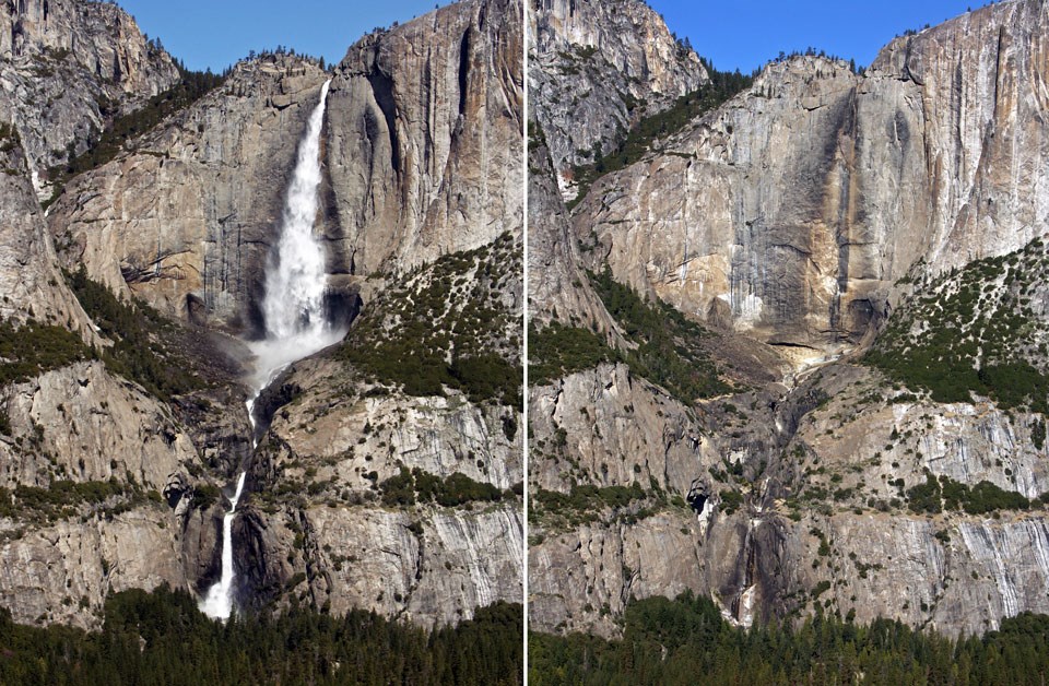 Two photos of Yosemite Falls, with spring runoff showing the waterfall in one photo and with the waterfall dry in the other