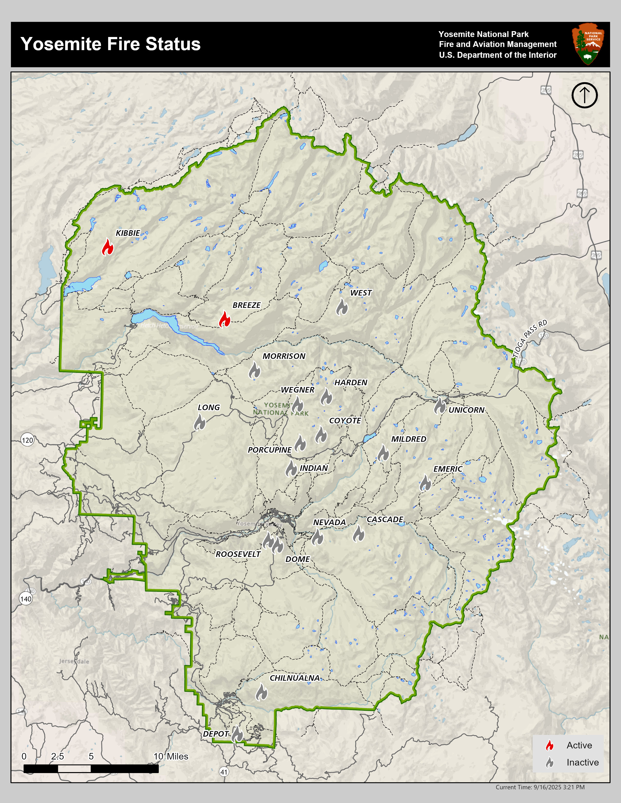 Map showing fires scattered throughout the park, with all out except for Breeze Fire just north of Hetch Hetchy and the Kibbie Fire just north of Eleanor Lake