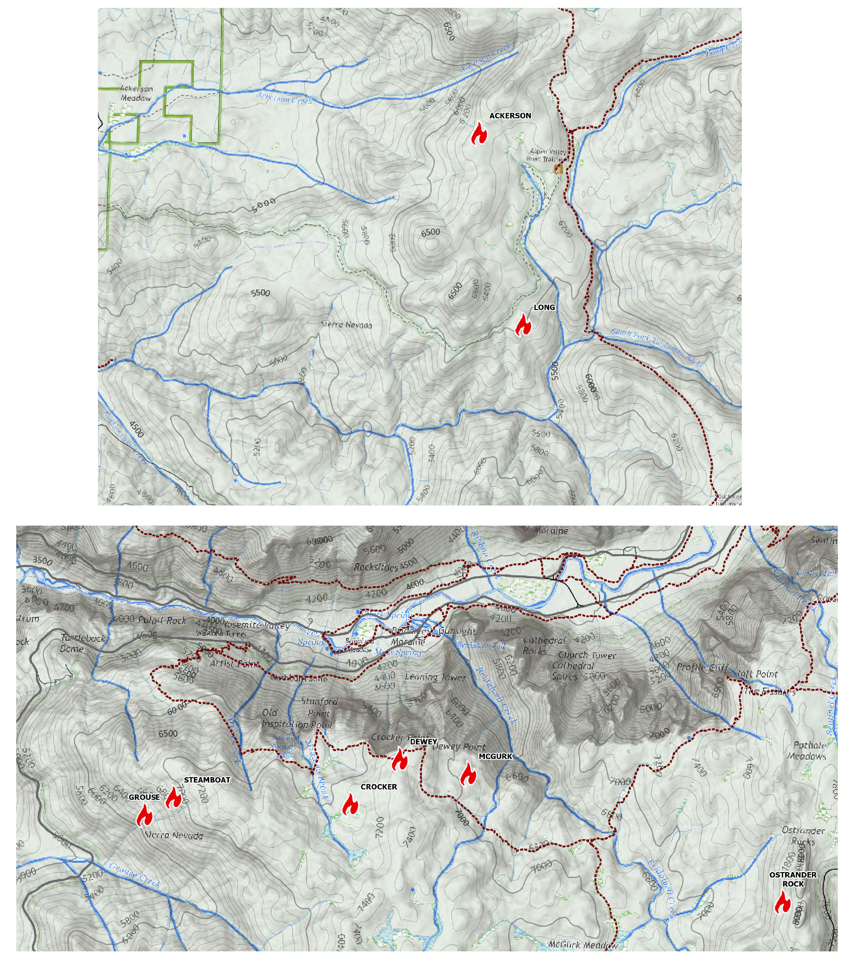 Images of two map areas showing basic fire locations in the Aspen Valley area and along the Glacier Point Road Area.