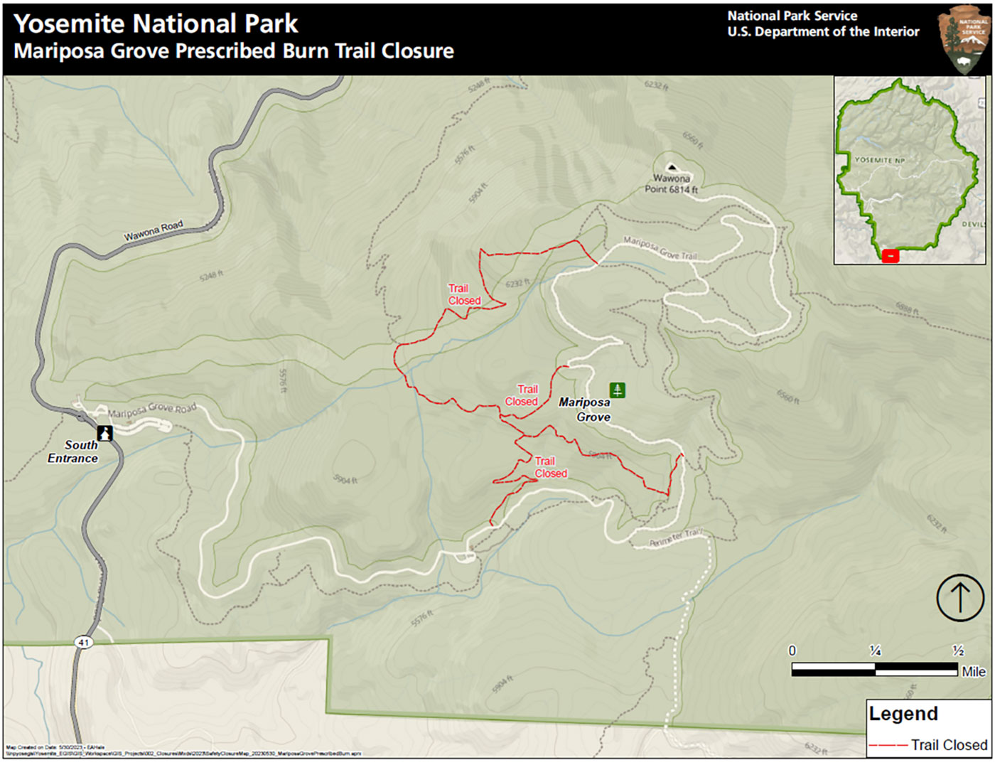 Map showing trail closures in the Mariposa Grove during prescribed burn