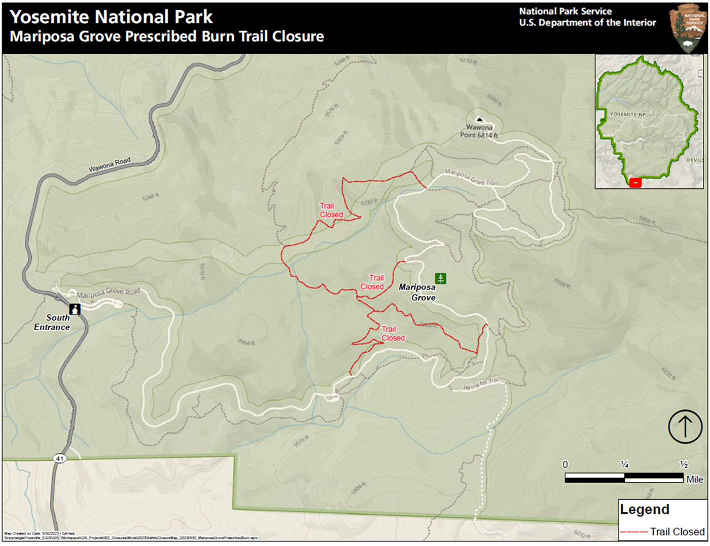 Map showing trail closures in the Mariposa Grove during prescribed burn Map showing trail closures in the Mariposa Grove during prescribed burn