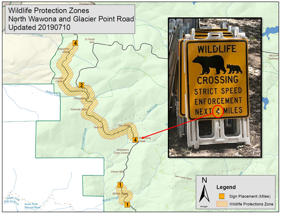 This image shows one of Yosemite Naitonal Park's newly designated Wildlife Protection Zones and the associated temporary sandwich board style sign that motorists will see along roadways while driving through Wildlife Protection Zones in Yosemite.