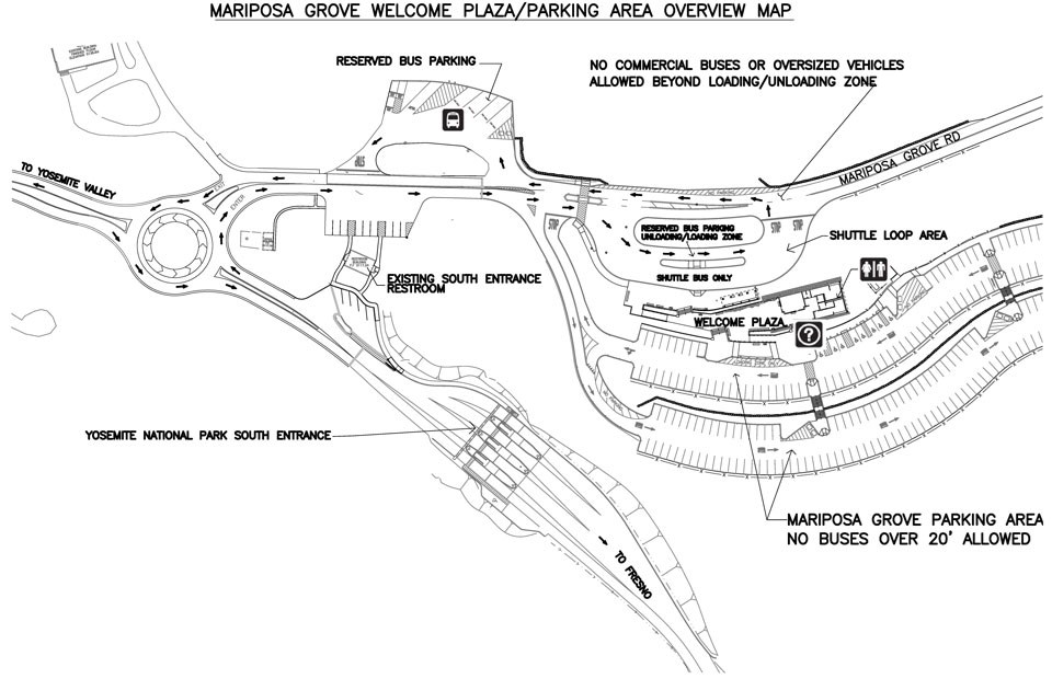 Map showing bus parking just north of the main parking area for Mariposa Grove at South Entrance