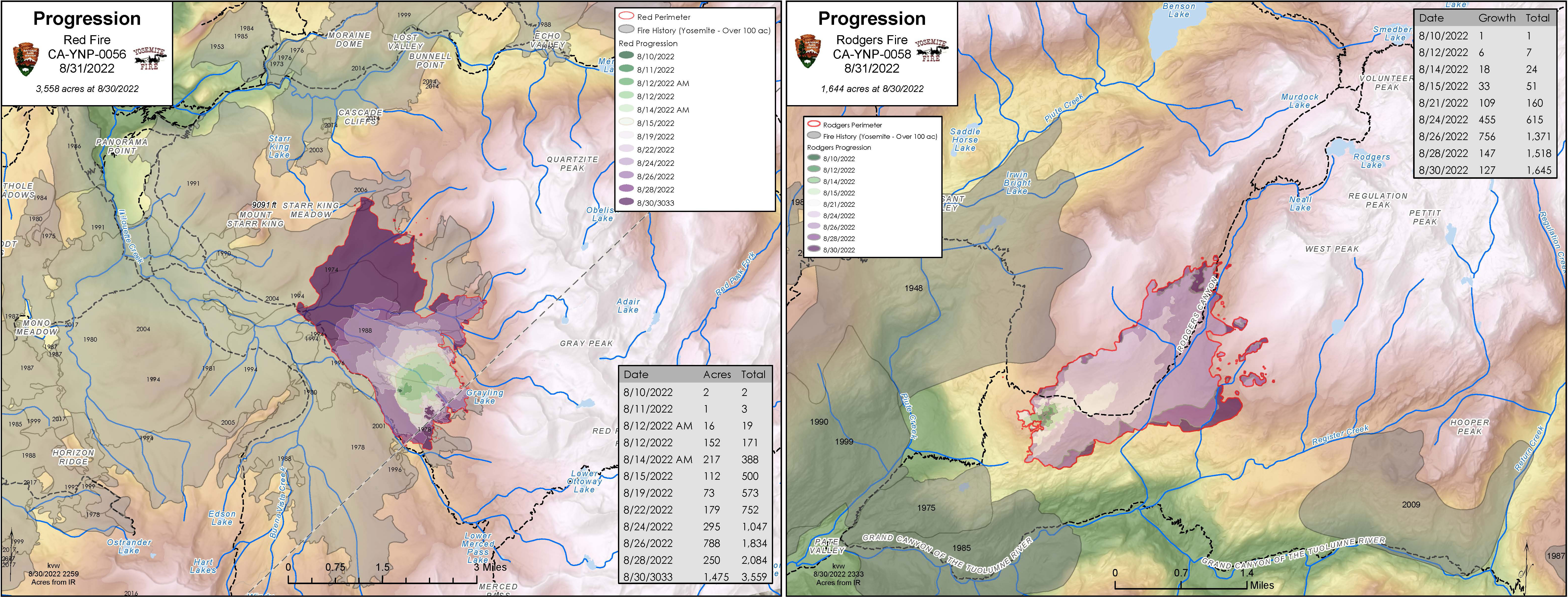 Maps showing progression of the Red Fire with increased growth to the northwest in recent days and the Rodgers Fire with more growth in recent days to the northeast