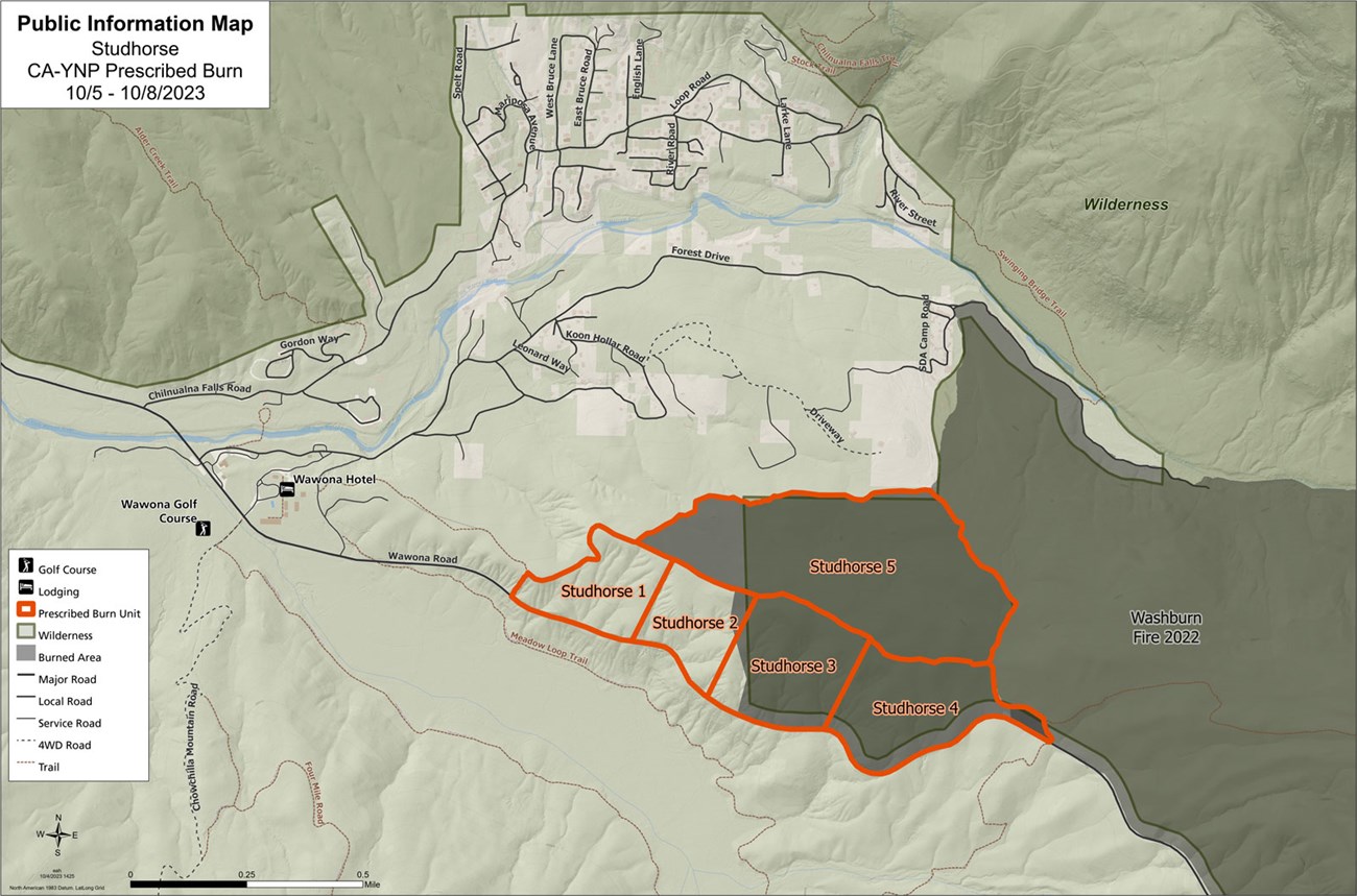 Studhorse-Map Map showing burn units just east of the Wawona Hotel, with most of the burn units within the 2022 Washburn Fire perimeter