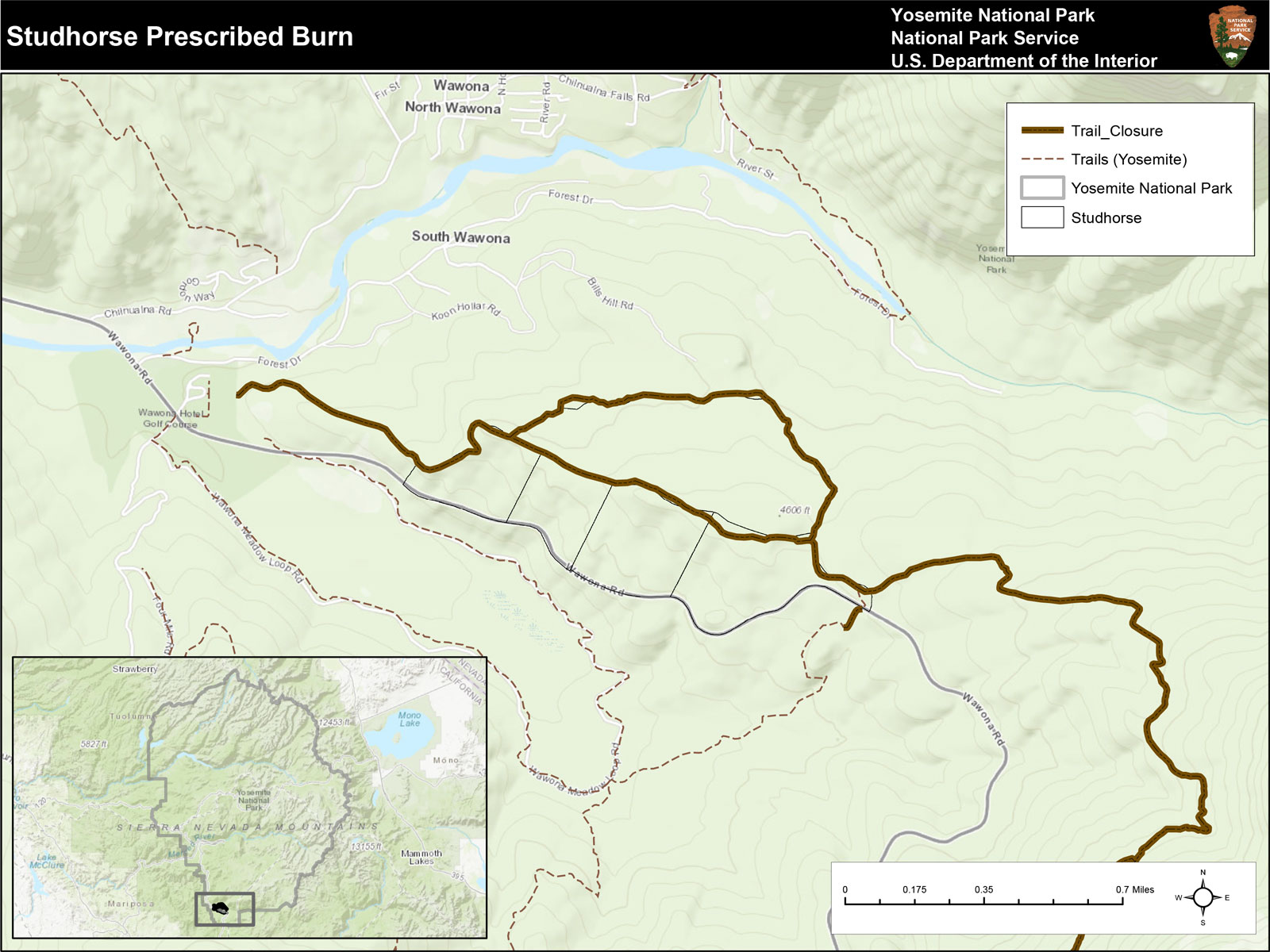 Map showing the area between Wawona and Wawona Meadow, east of Wawona Hotel as a burn area with
