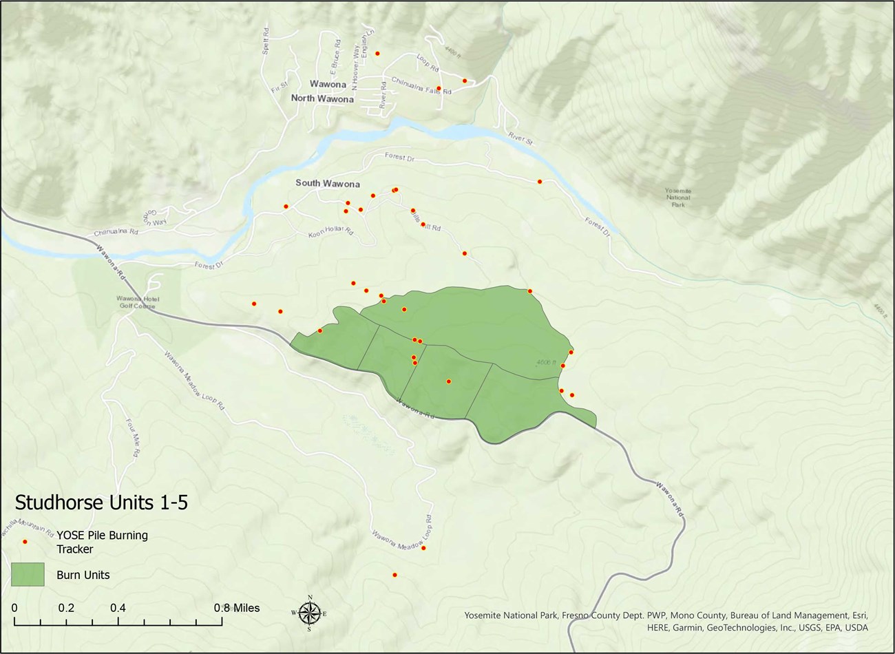 Studhorse Wawona prescribed burn unit Map showing Studhorse prescribed burn unit directly south of Wawona and north of Wawona Road