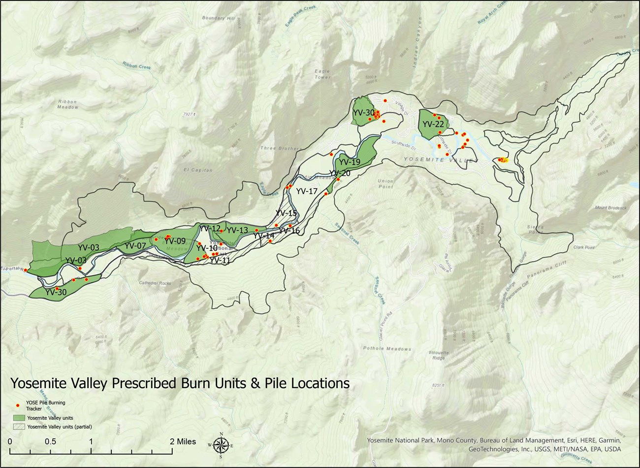 Prescribed burn units Map showing possible prescribed burn units covering most of western Yosemite Valley and three units adjacent to Yosemite Village.