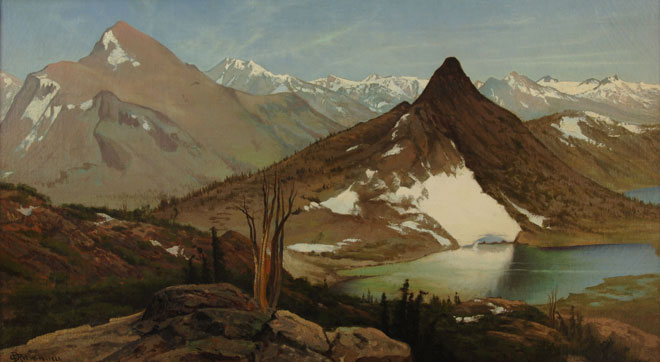 Painting of mountains and lake