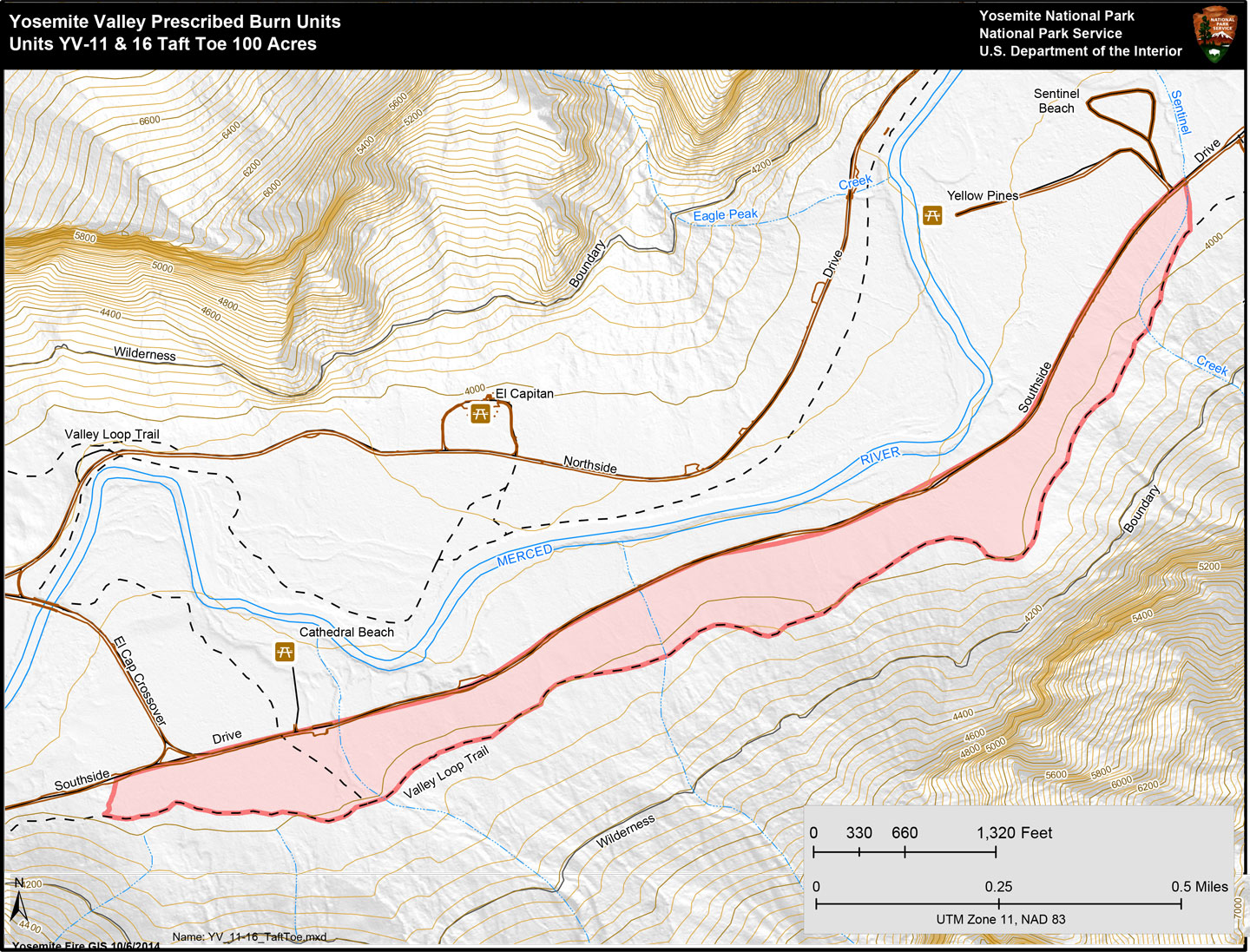 Map showing prescribed burn area south of Southside Drive and north of the cliff from El Capitan Crossover to Sentinel Beach