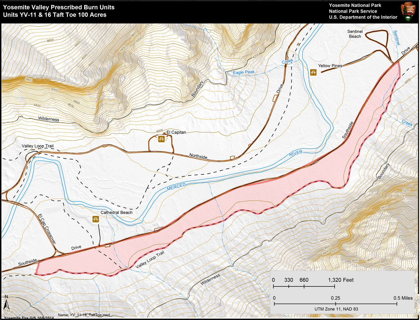 YV-11_16 Map showing prescribed burn area south of Southside Drive and north of the cliff from El Capitan Crossover to Sentinel Beach
