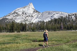 Hiker on restored trail in Cathedral Meadow