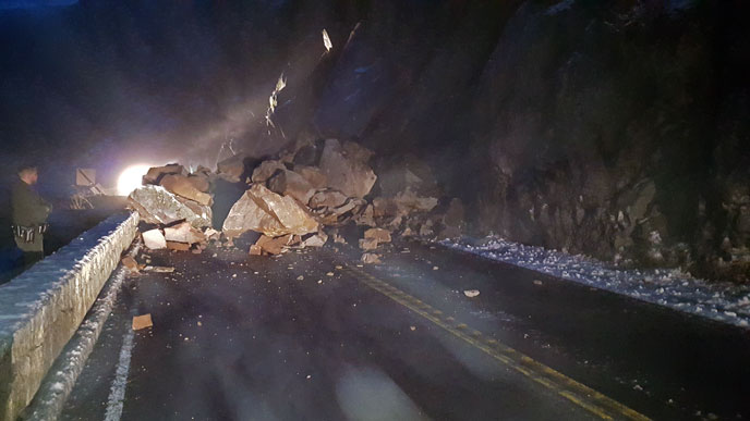 Rockfall covering Highway 140.