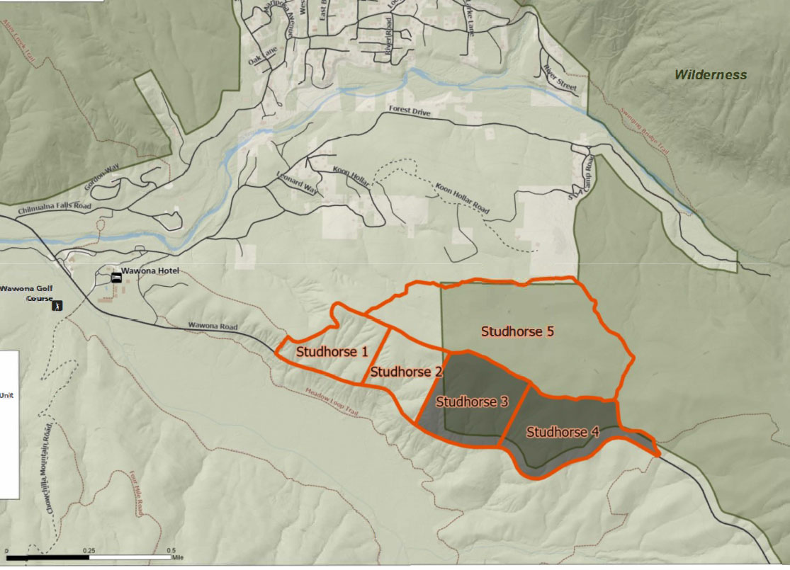 Map showing studhorse burn units as they relate to places in Wawona Map showing studhorse burn units as they relate to places in Wawona