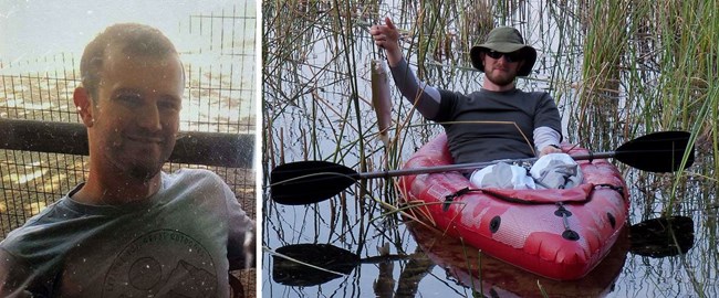 One headshot photo of a man with buzz cut and gray shirt. Another photo of a man in a kayak holding up a fish