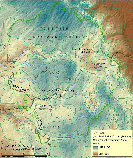 Yosemite map with colors defining average annual precipitation
