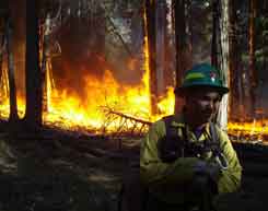 Firefighter stands in front of smoke and flames