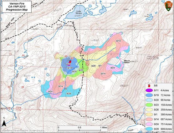 Colors designate fire's spread on park map