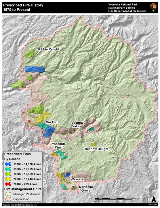 Boundary map of Yosemite that marks past prescribed burn areas